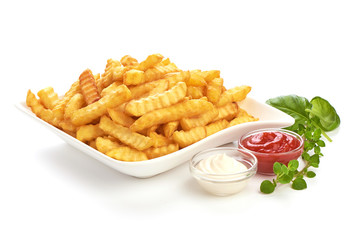 Potato fry, French fried potato fries with tomato sauce and mayonnaise, close-up, isolated on white...