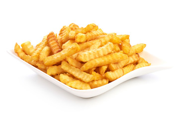 Fried French fries, potato fry, close-up, isolated on white background
