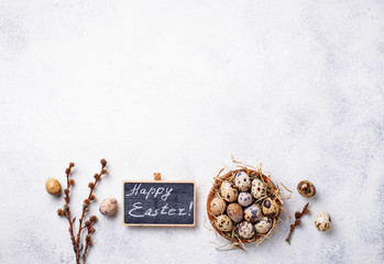 Easter background with quail eggs and pussy willow