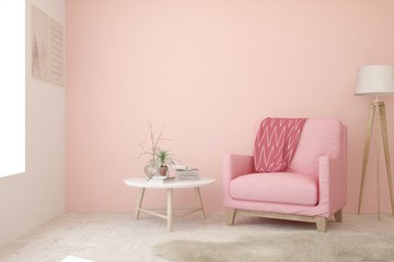 Pink cozy minimalist room with armchair. Scandinavian interior design. 3D illustration