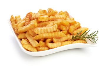 Potato fry, French fried potato fries, close-up, isolated on white background