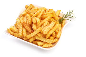 Fried French fries, potato fry, close-up, isolated on white background