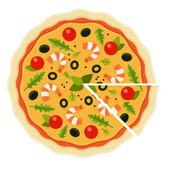 Seafood Pizza with a cut piece flat icon vector isolated