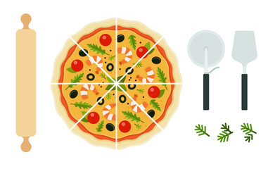Seafood pizza with appliance vector flat isolated