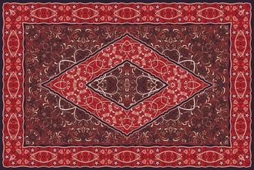 Vintage Arabic pattern. Persian colored carpet. Rich ornament for fabric design, handmade, interior decoration, textiles. Red background. - 256510868
