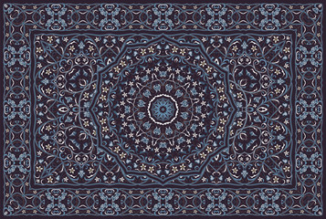 Vintage Arabic pattern. Persian colored carpet. Rich ornament for fabric design, handmade, interior decoration, textiles. Blue background. - 256511053