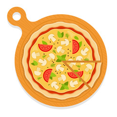 Mushroom Pizza on board with a cut piece flat icon vector isolated
