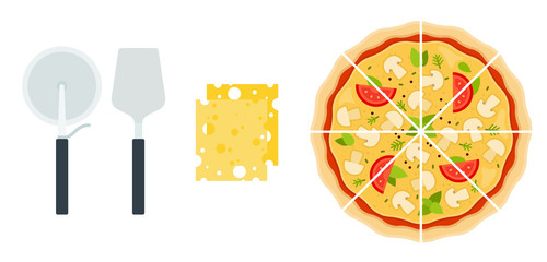 Set of sliced ​​pizza with mushrooms, square slices of cheese with a knife and pizza spatula in a row flat single icon vectorwhite