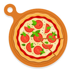 Pizza margarita on a wooden board vector flat isolated