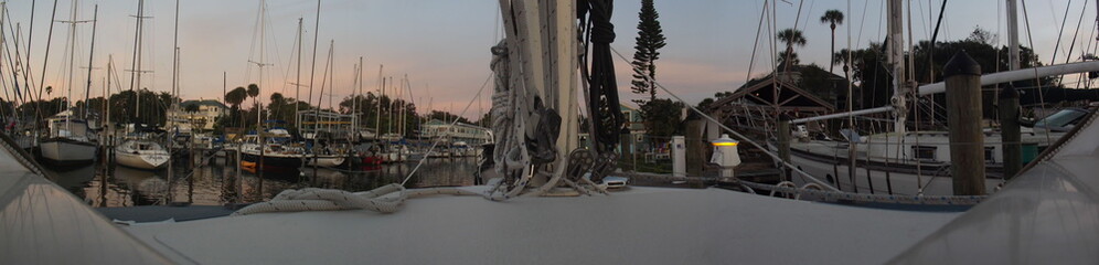 Sail boat at Sunrise in boat yard