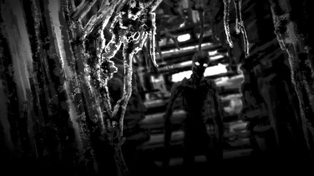 Dark zombie standing in corridor spaceship with blinking light animation. Video in genre of horror. Scary face character in black and white colors.