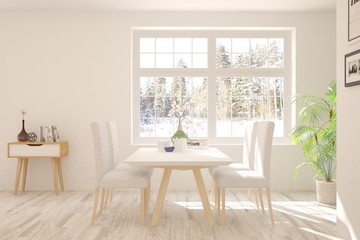 White stylish minimalist dinner room with winter landscape in window. Scandinavian interior design. 3D illustration