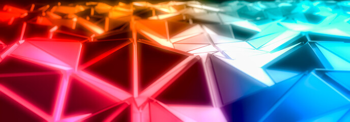 Neon light triangular abstract background, Line glowing surface. 3d Rendering