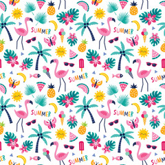 Cute seamless vector pattern with flamingos, tropical leaves, pineapples, flowers and palm trees in pink, yellow and blue. For greeting cards, gift wrapping paper, textiles and wallpapers.