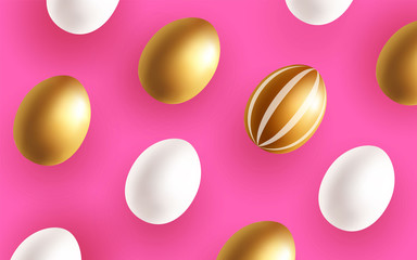 Happy Easter beautiful background with decorative white and golden eggs on magenta backdrop. Greeting card or wallpaper template. 