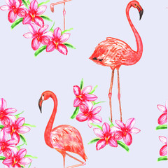 Obraz premium Seamless pattern with flamingos and flowers. Watercolor