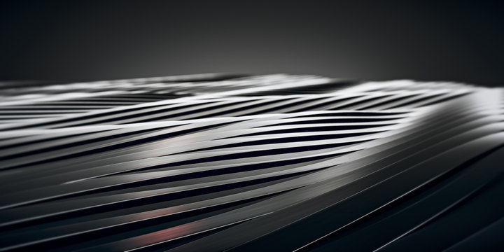 Elegant Luxury Black Metal smooth line background.  Abstract Dark metallic Stainless steel curve shapes. 3d render
