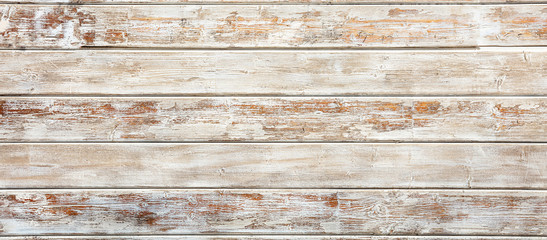 Vintage wood white painted background, Old weathered wooden planks partially faded, banner.