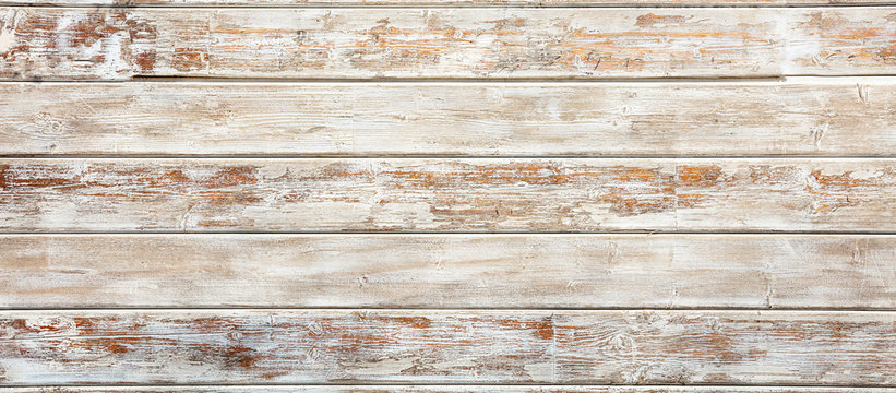 Vintage wood white painted background, Old weathered wooden planks partially faded, banner.