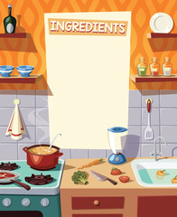 Kitchen  interior and cooking ingredients vector illustration