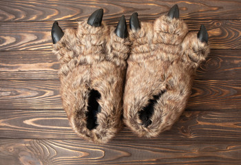 Pair of monster foot slippers with big claws on wooden background. Top view.