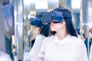 VR background white reflection girl face woman virtual reality headset brunette phone mirror