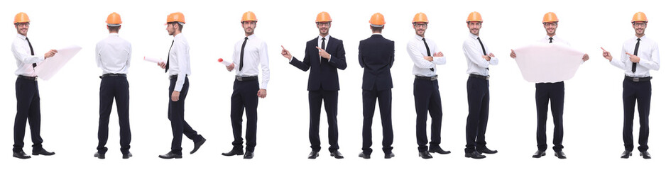 panoramic photo collage of confident architect isolated on white