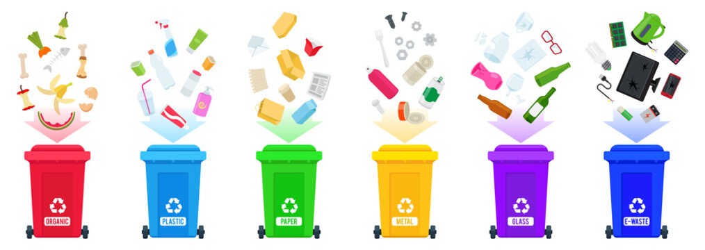 Waste sorting vector. Set of trash bins with sorted garbage. Various kinds of trash: organic, plastic, paper, metal, glass, e-waste. Colorful trash cans.