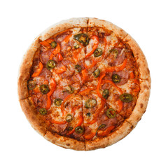 Delicious classic italian Burning Pizza with sausages, pepper, jalapeno sauce and cheese