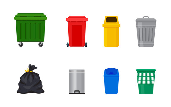 Flat illustration of street and in-house trash bins. Metal and plastic garbage containers. Colorful recycle trash buckets and bag vector set. Trash bin with pedal and swing top. Metal bucket with cap.