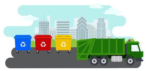 Naklejka premium City landscape and containers with waste for recycling and sorting garbage. Waste management. Garbage truck and trash bins.Vector isolated illustration with colorful trash bins and green garbage truck