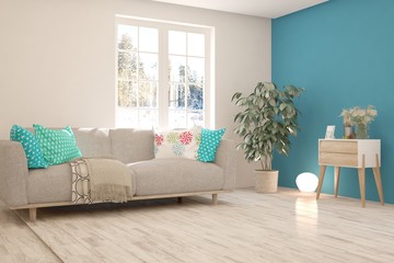 Blue stylish minimalist room with sofa. Scandinavian interior design. 3D illustration