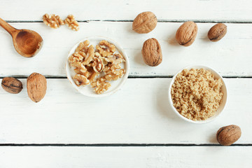 Walnuss Walnussmehl Mehl Tisch von oben Nussmehl gemahlen