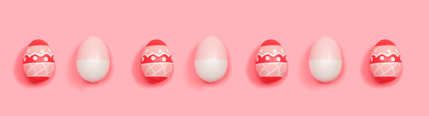 Colorful Easter eggs overhead view flat lay