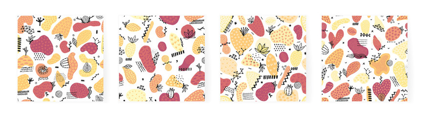 Set of vector seamless patterns with hand drawn abstract shapes. Spotted and textured figures. Unique design. Creative background. Freehand style. Wallpaper, textile, wrapping, print on clothes
