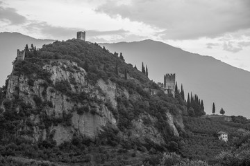 Castle in Arco, Trento, Italy. Black and white.