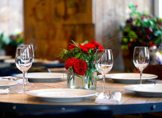 Beautiful table in the restaurant with appliances