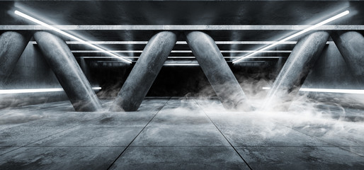 White Fluorescent Neon Lasers Smoke Fog Dark Empty Garage Hall Underground Cement Grunge Concrete Columns Triangle Shaped Sci Fi Modern Elegant Style Hall Tunnel Corridor 3D Rendering
