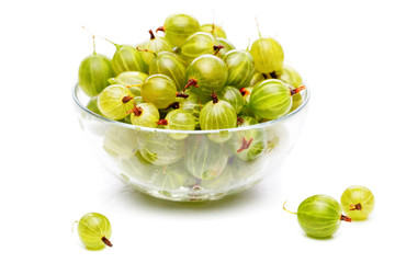Photo of green gooseberry in glass cup on empty white background.