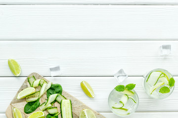 healthy drinks with lime and ice for summer on white wooden background top view mock-up