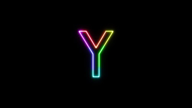 Letter Y - outline neon glowing in 7 rainbow colors on transparent background.