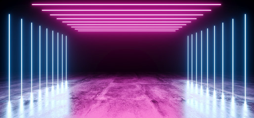 Neon Futuristic Background Cyber Retro Purple Pink Blue Ultraviolet Vibrant Glowing Rectangle Gate Shaped Fluorescent Luminous Elegant Alien Dance Stage Gallery Lights 3D Rendering