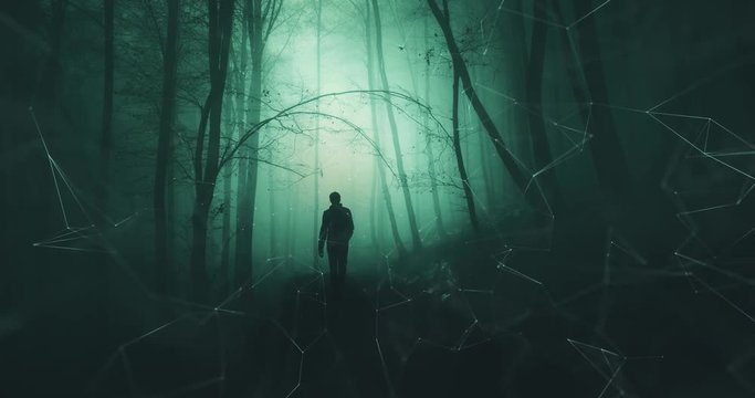 Man walking alone in dark green futuristic foggy forest with lines motion. 