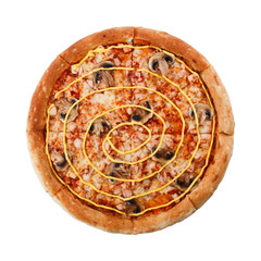 Delicious classic italian Pizza with chicken, mushrooms and cheese