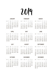 Calendar planner 2019, week starts on monday. Part of sets of 12 months. Wall desk calendar vector template print A4 size, simple black and white minimal design ink hand drawn lettering