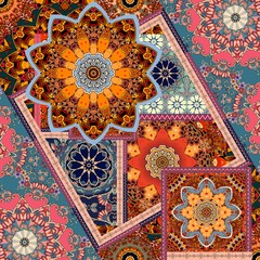 Shawl, square carpet or print for fabric in ethnic style with mandala, flowers and decorative frames. Indian, ottoman, mexican motives.