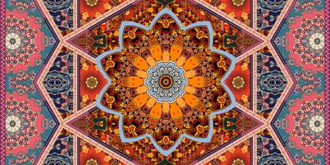 Fragment of bright ornamental rug in ethnic style with mandala, flowers and beautiful frame.