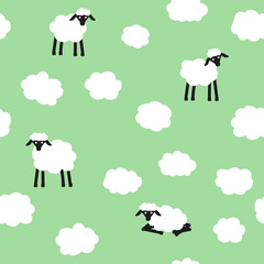 Obraz na płótnie Canvas Cute seamless pattern. Clouds and sheeps on green background