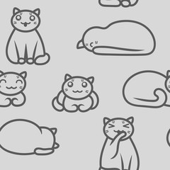 Cute seamless vector pattern. Outline of cats in kawaii style