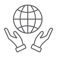 Earth in hands thin line icon, ecology and globe, planet in arms sign, vector graphics, a linear pattern on a white background.